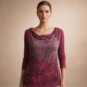 Edista Magenta Abstract Print Drape Neck Top – Size PL (Petite Large)